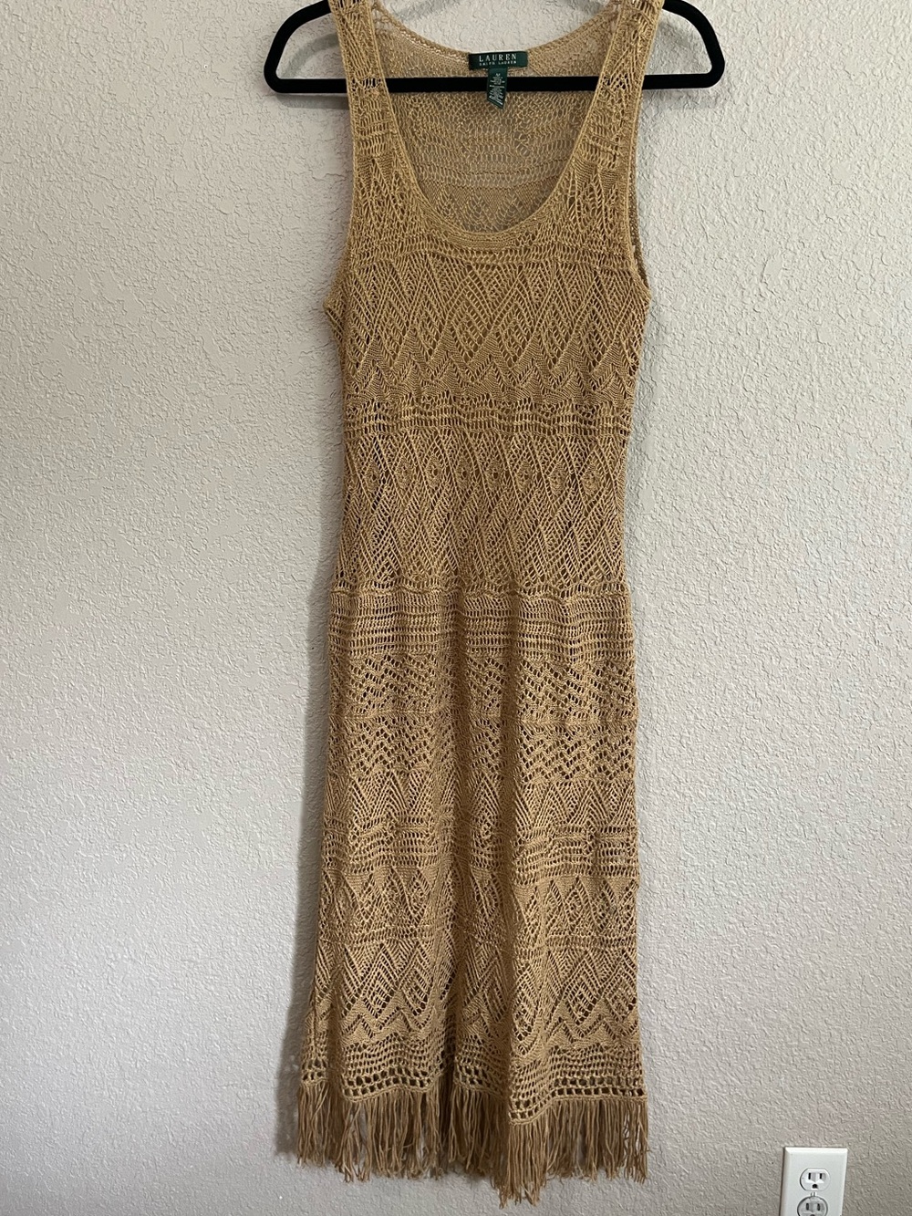 Lauren Ralph Lauren Linen Crochet Fringe Lined Midi Dress Tan Medium - Picture 11 of 13